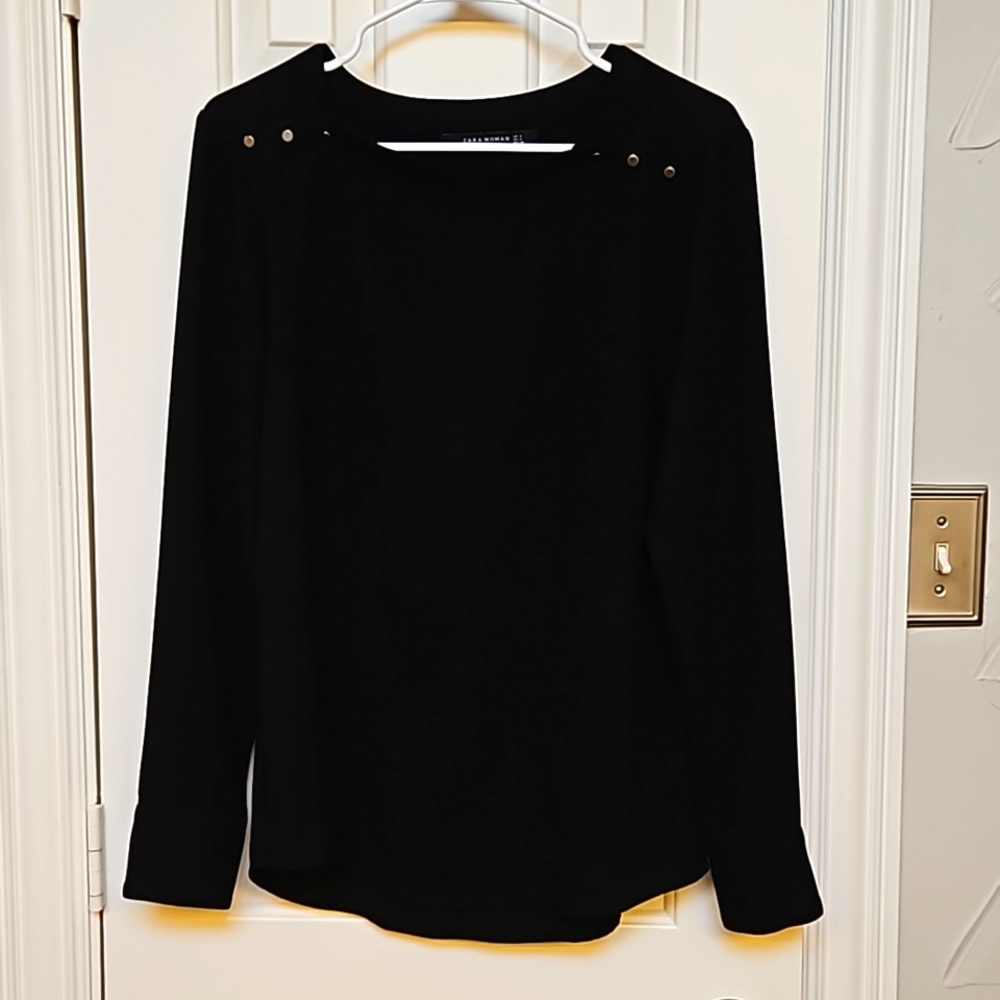 Zara Woman Black Button Shoulder Long Sleeve Blouse Size M